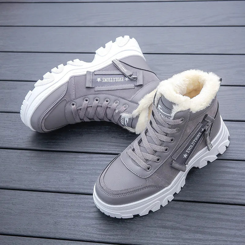 Women's winter platform ankle boots with mid heel, lace-up front, round toe, solid colour in gray