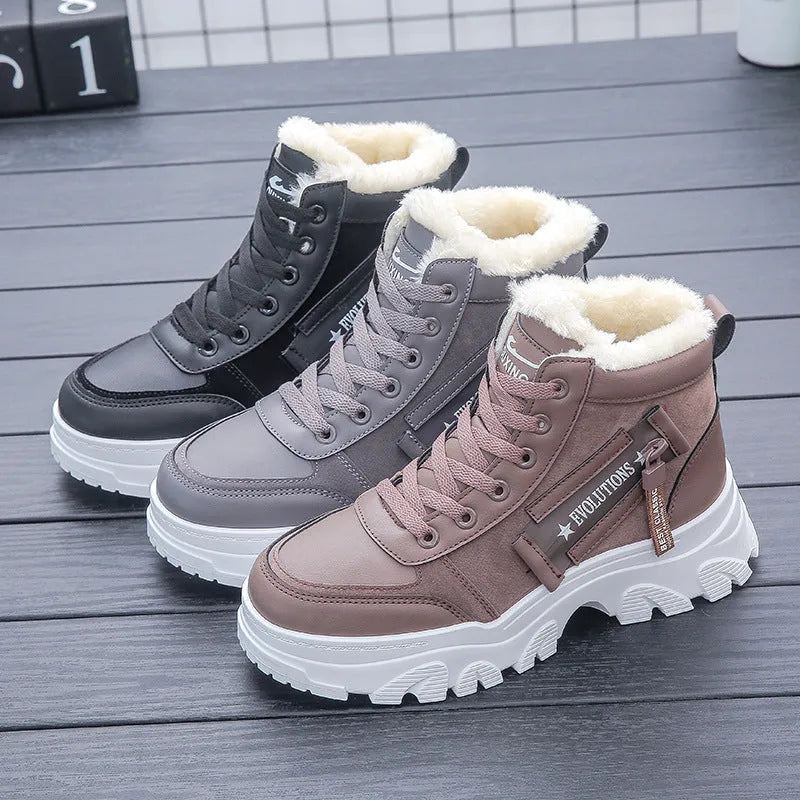 Women's winter platform ankle boots with mid heel, lace-up front, round toe, solid colour in gray