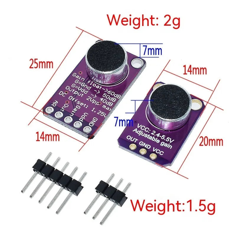 MAX9814 AGC amplifier module with electret condenser microphone CMA-4544PF-W on white background