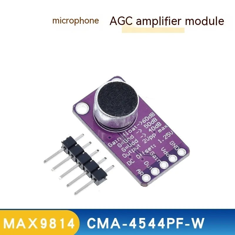 MAX9814 AGC amplifier module with electret condenser microphone CMA-4544PF-W on white background