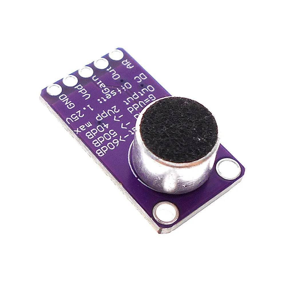 MAX9814 AGC amplifier module with electret condenser microphone CMA-4544PF-W on white background