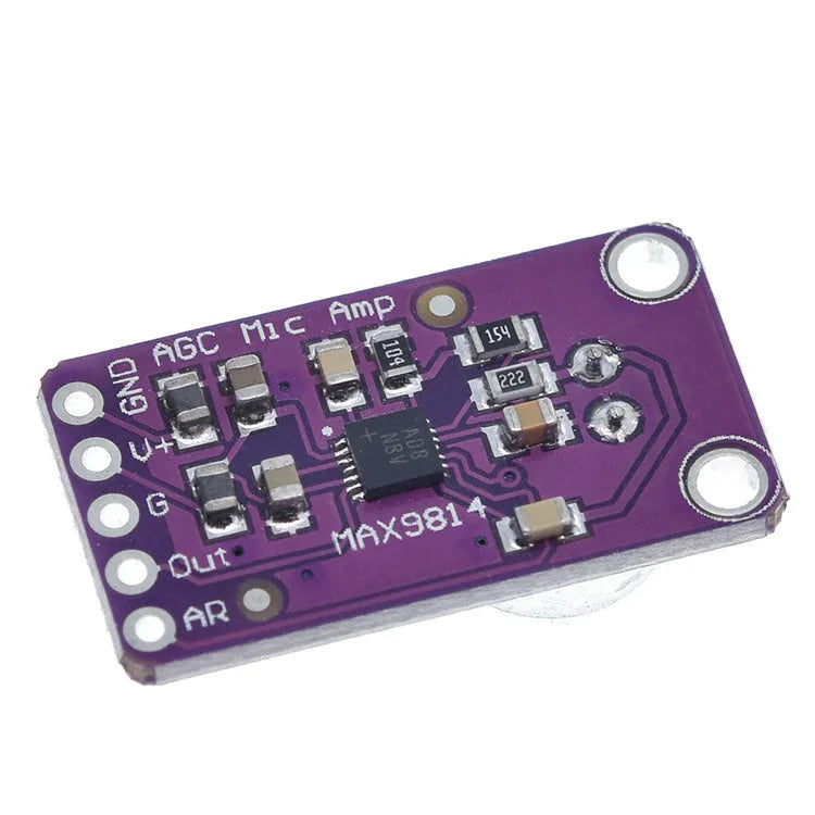 MAX9814 AGC amplifier module with electret condenser microphone CMA-4544PF-W on white background