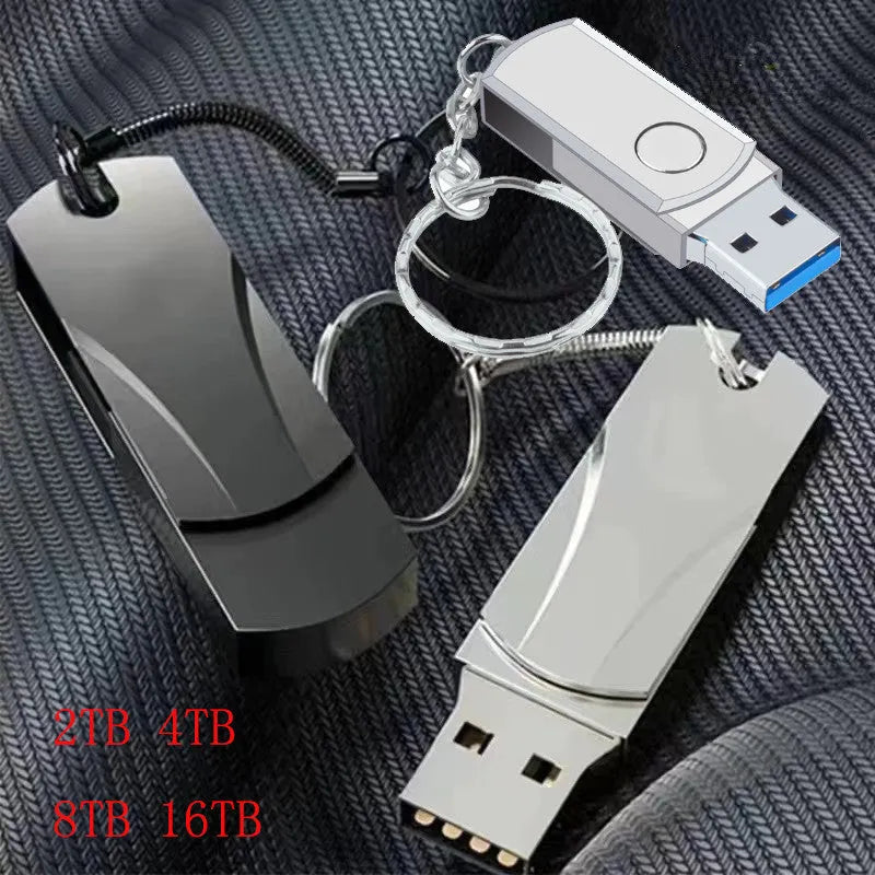Black metal rotating USB flash drive with USB 3.0 connector, 42x15x9mm size, high-capacity storage up to 16TB.