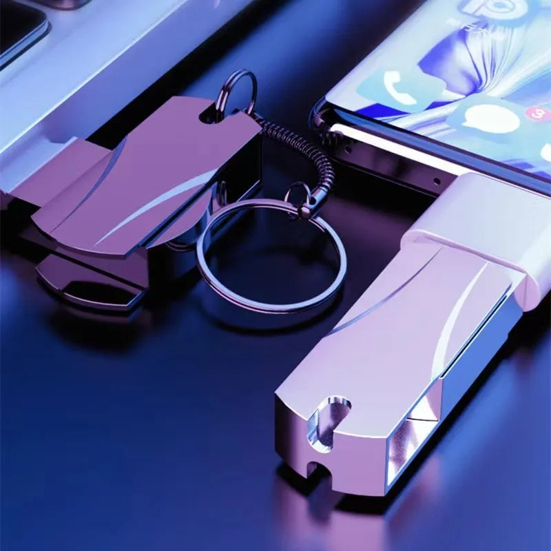 Black metal rotating USB flash drive with USB 3.0 connector, 42x15x9mm size, high-capacity storage up to 16TB.