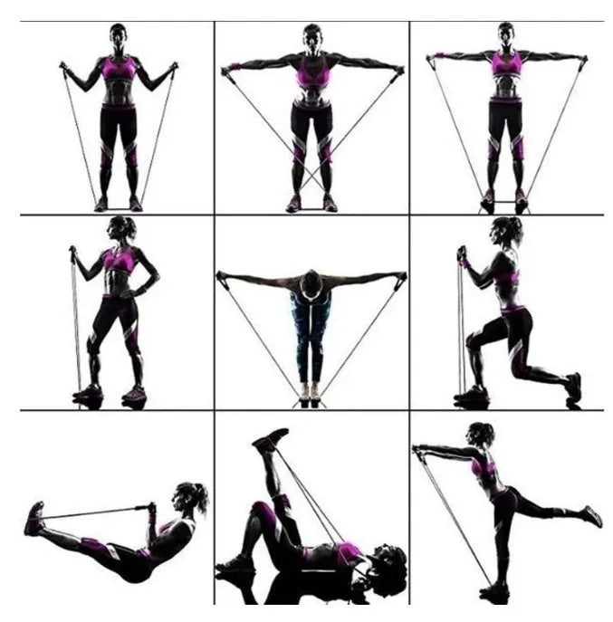 Rally resistance band fitness equipment set with colour-coded latex pull ropes, handles, foot rings, and door buckle
