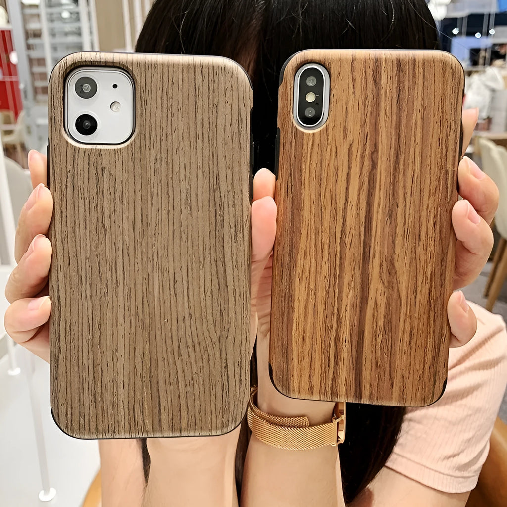 A natural wooden mobile phone case for iPhone, shown in rosewood colour on a table.