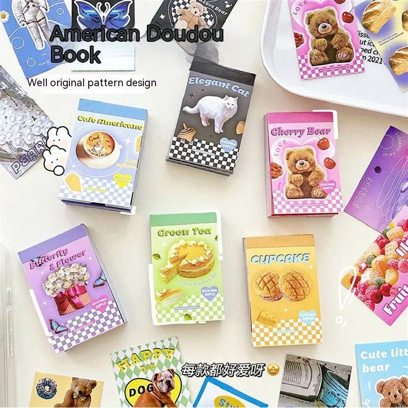American retro cartoon sticker book open to show colourful 4x6cm adhesive sheets.