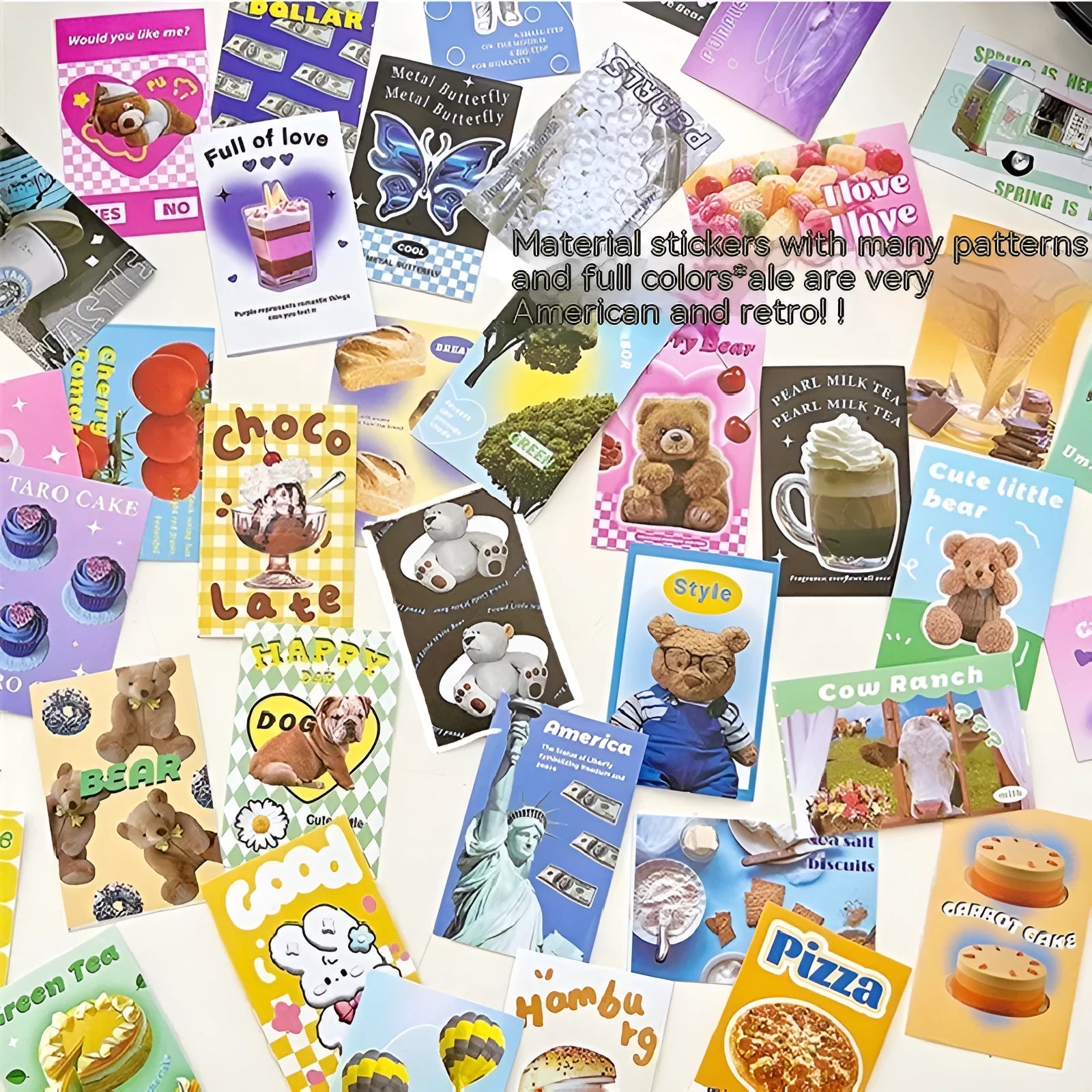 American retro cartoon sticker book open to show colourful 4x6cm adhesive sheets.