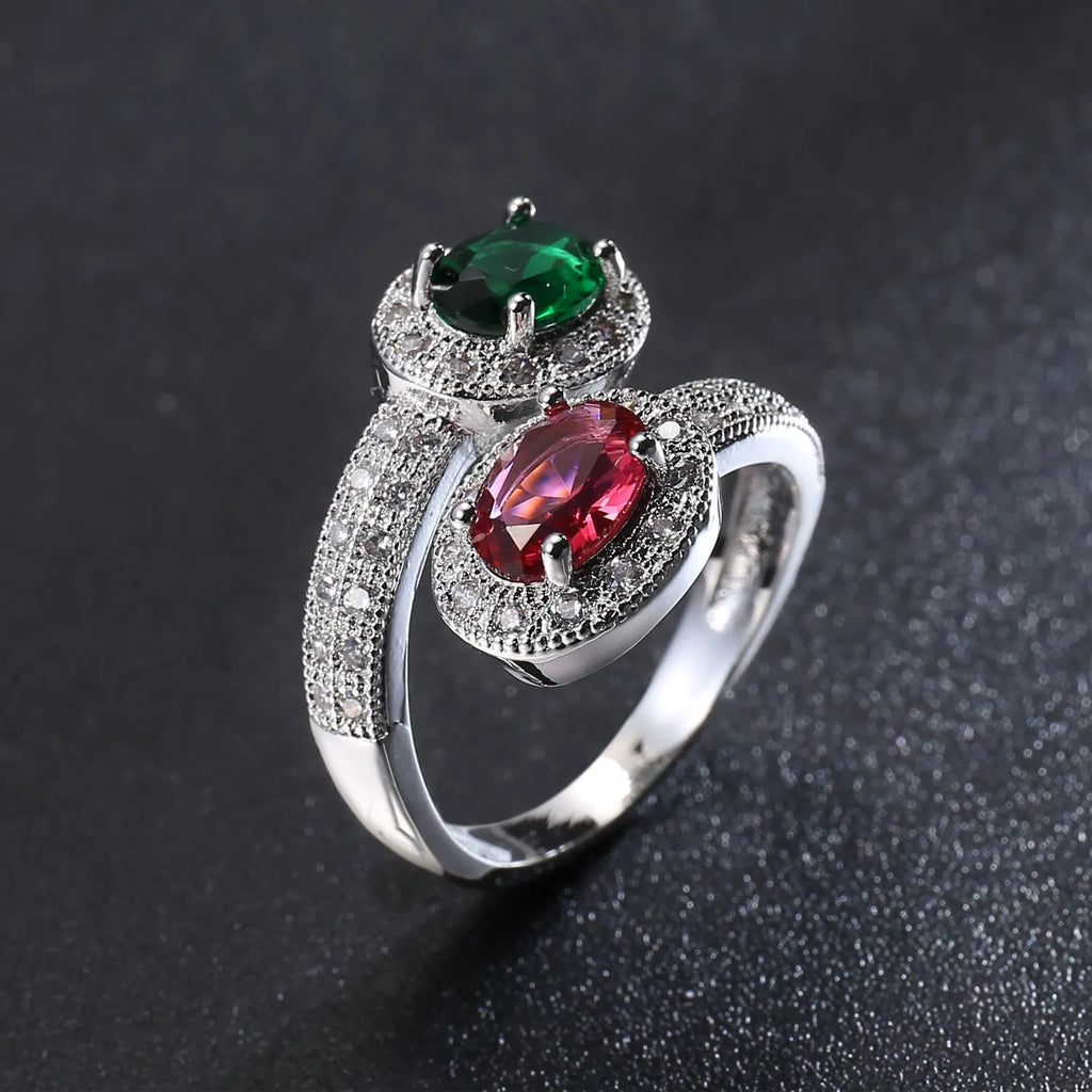 Copper ring with zircon stone, electroplated finish, rose emerald colour, women's size No8