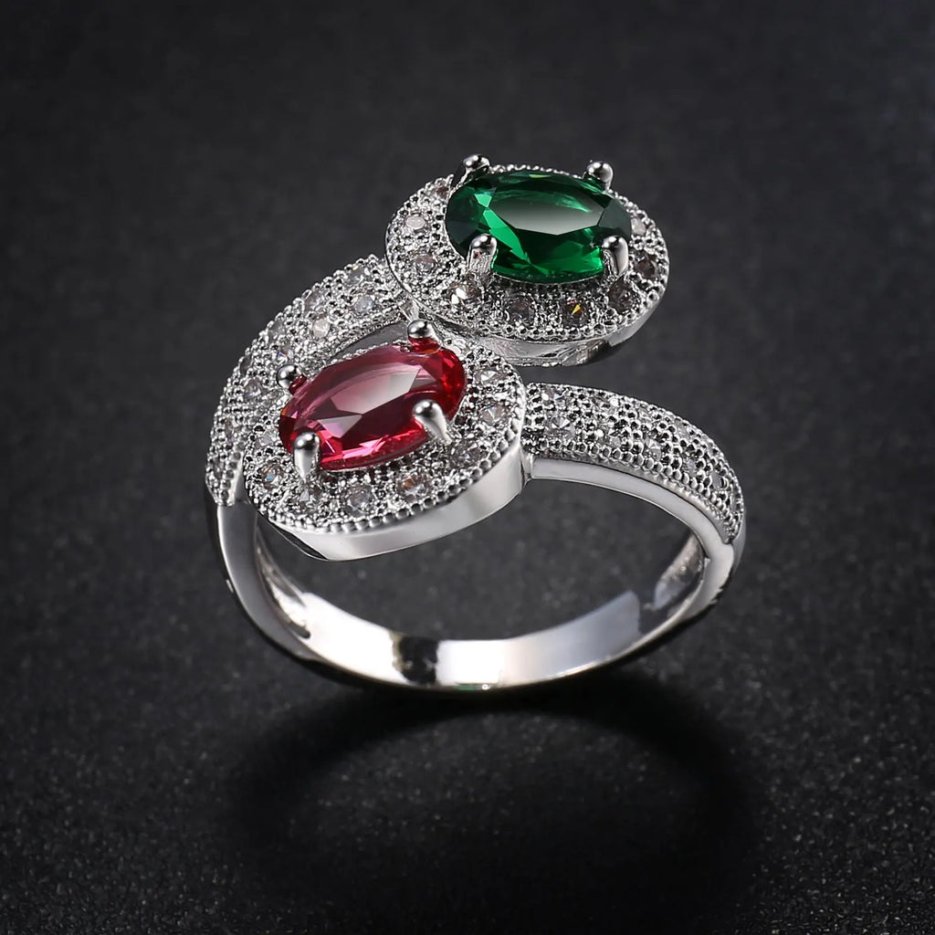 Copper ring with zircon stone, electroplated finish, rose emerald colour, women's size No8
