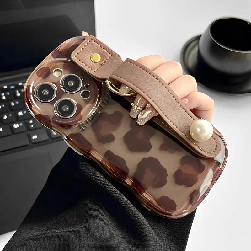 Brown leopard print silicone iPhone case with leather wristband, anti-fall, compatible with iPhone 11 to 15 Pro Max