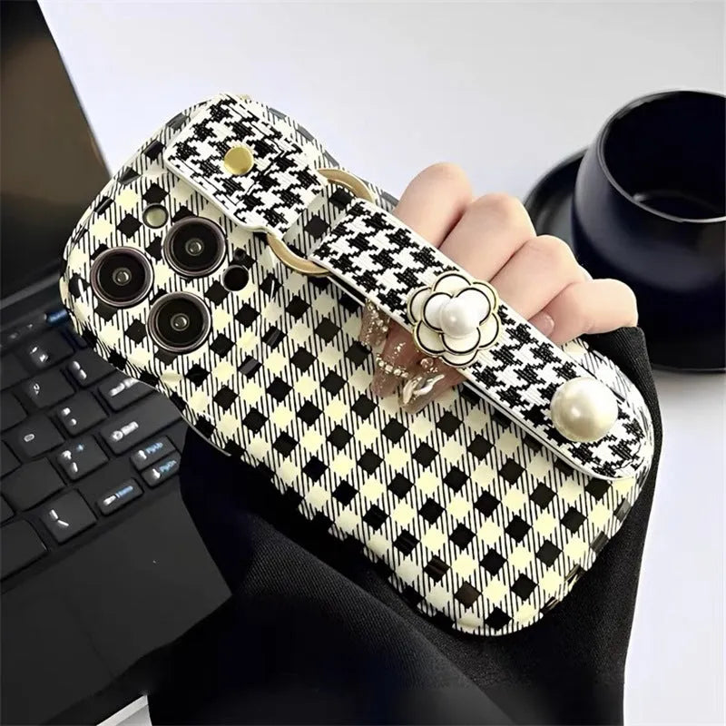 Brown leopard print silicone iPhone case with leather wristband, anti-fall, compatible with iPhone 11 to 15 Pro Max