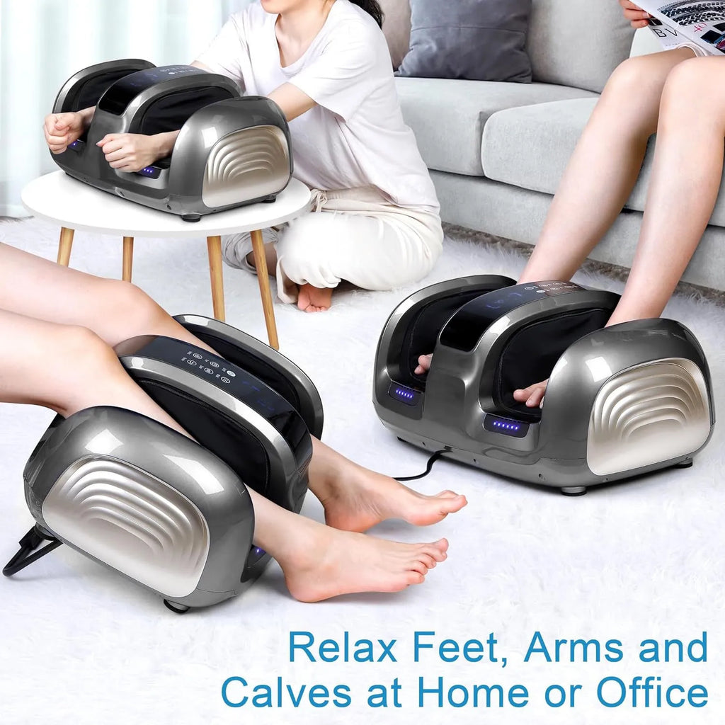 3D foot and calf massager with heat, four auto programs, adjustable intensity, and remote control, black finish