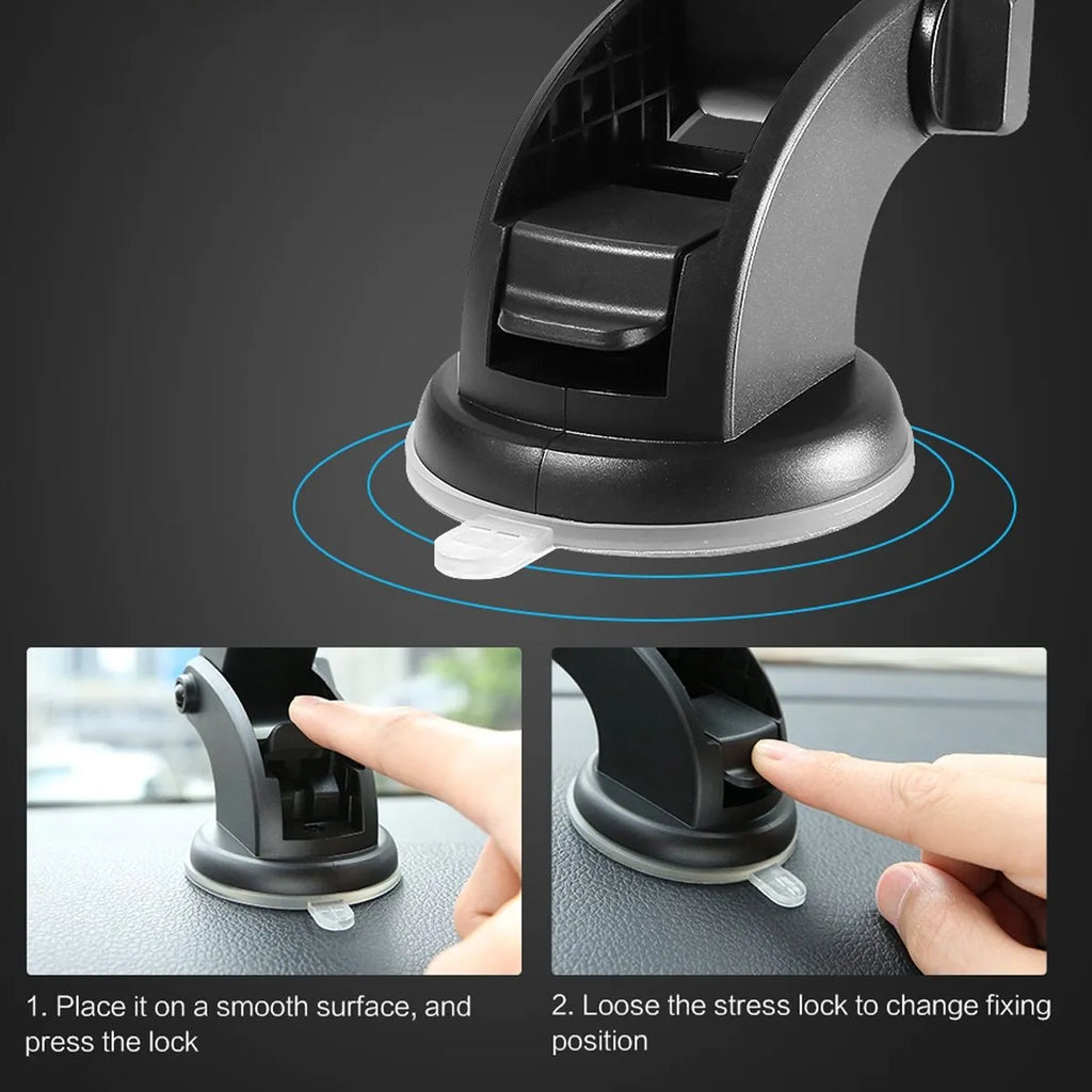 Yellow and black telescopic car phone holder with suction cup mount extended on a dashboard.
