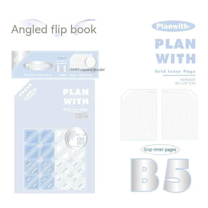 Oblique angle artsy draft notebook showing A5 and B5 sizes with white and blue plaid cover options.