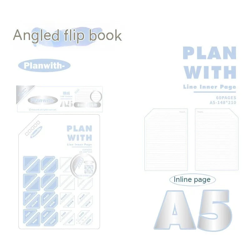 Oblique angle artsy draft notebook showing A5 and B5 sizes with white and blue plaid cover options.