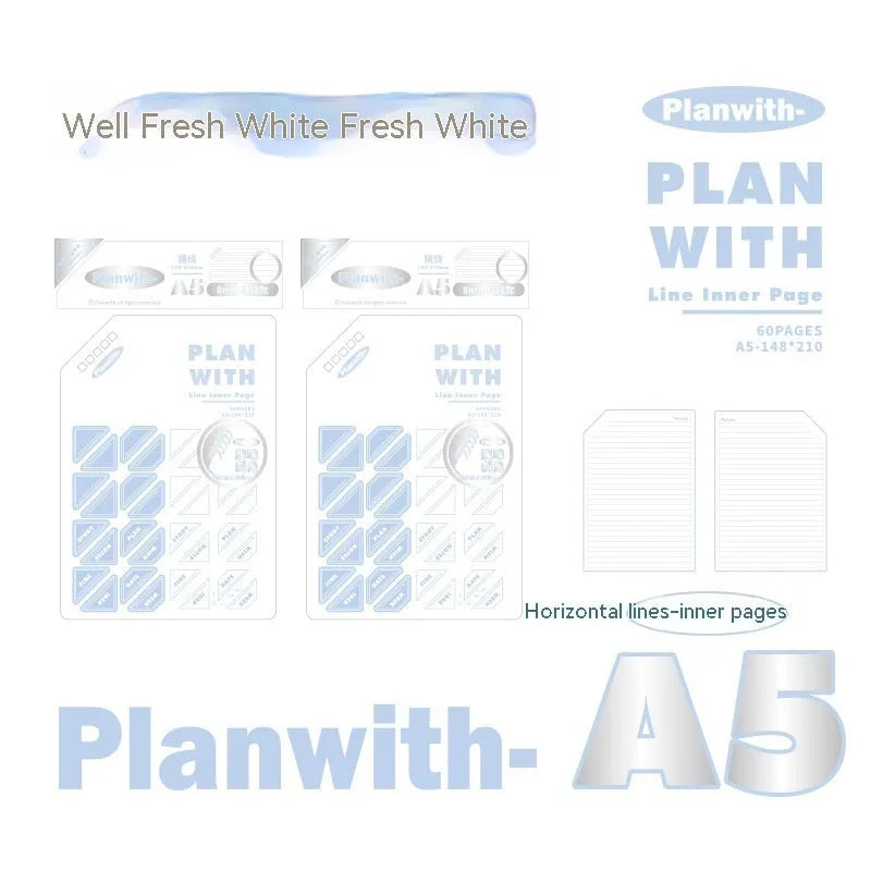 Oblique angle artsy draft notebook showing A5 and B5 sizes with white and blue plaid cover options.