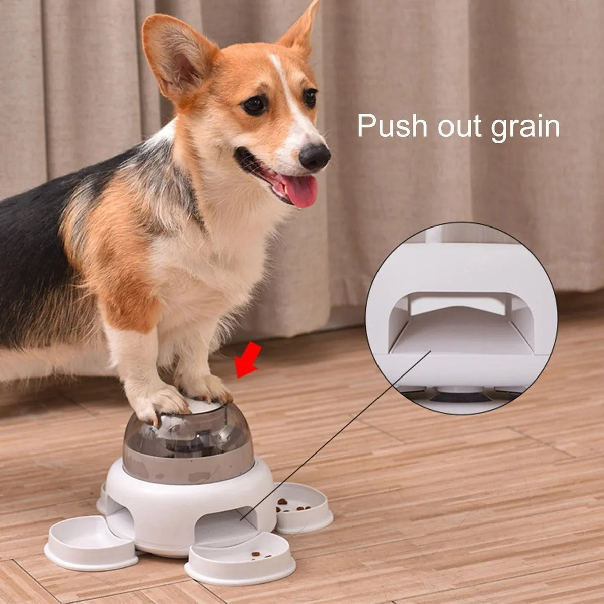 White plastic dog press leakage food feeder with optional plate and disk upgrades.