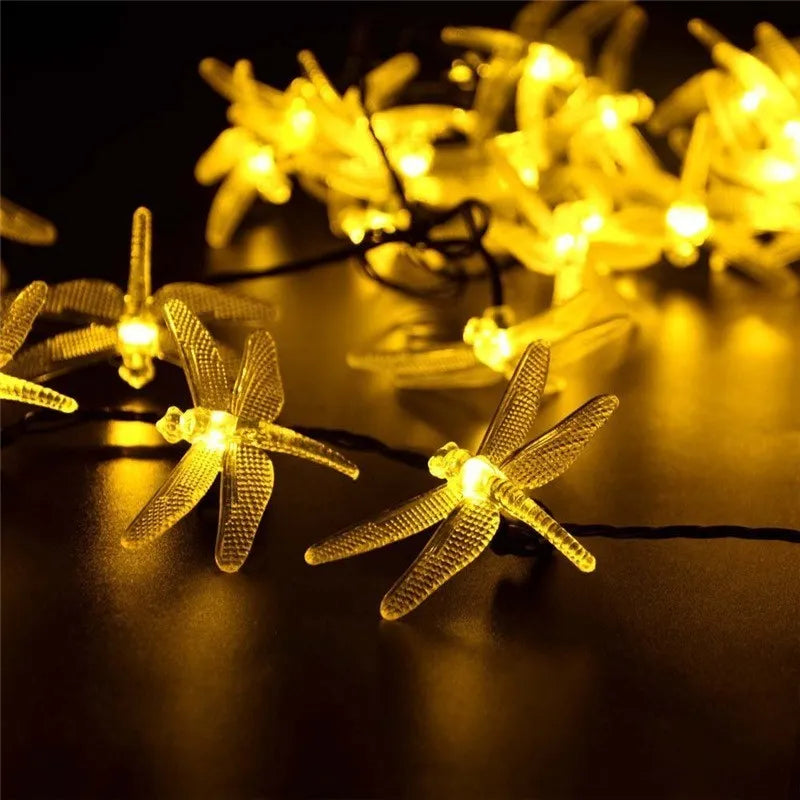 Solar powered outdoor LED string lights with dragonfly design showing warm white illumination in garden setting