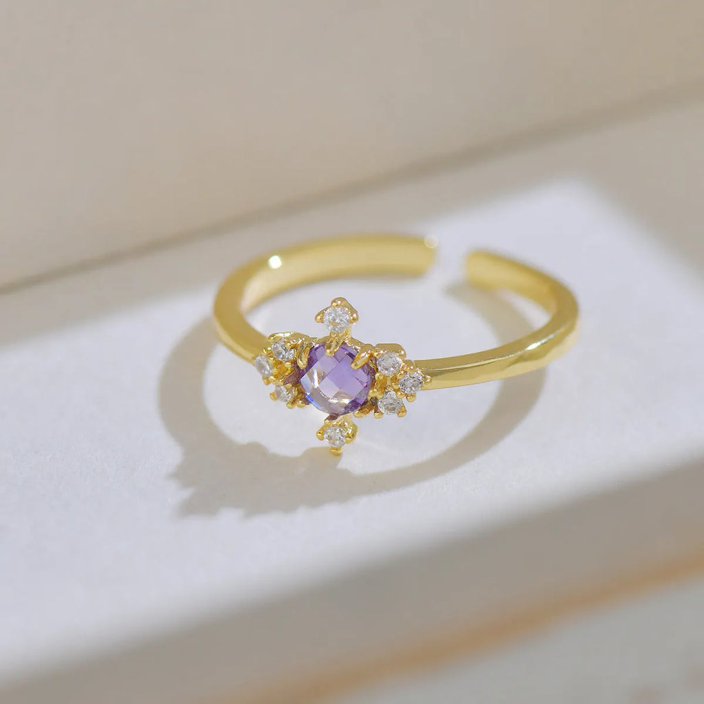 French style geometric open mouth ring with purple zircon stones on copper band