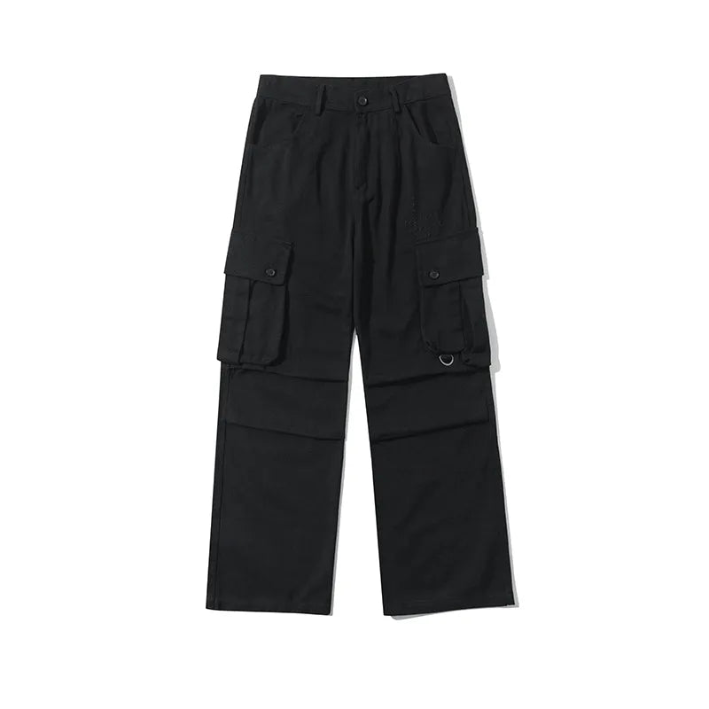 Men's retro large pocket casual trousers, loose straight high waist cotton pants in brown or black, sizes M to 3XL
