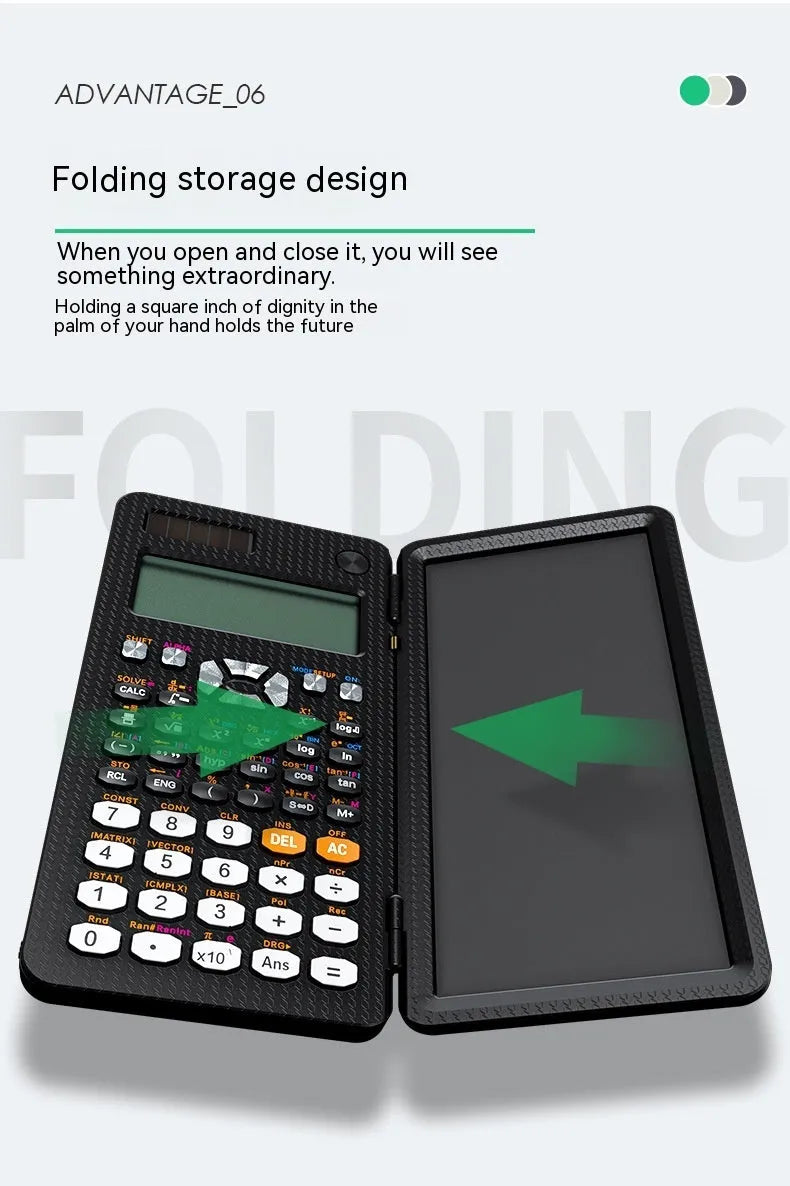 Black 2 in 1 foldable scientific calculator with handwriting LCD notepad on a desk