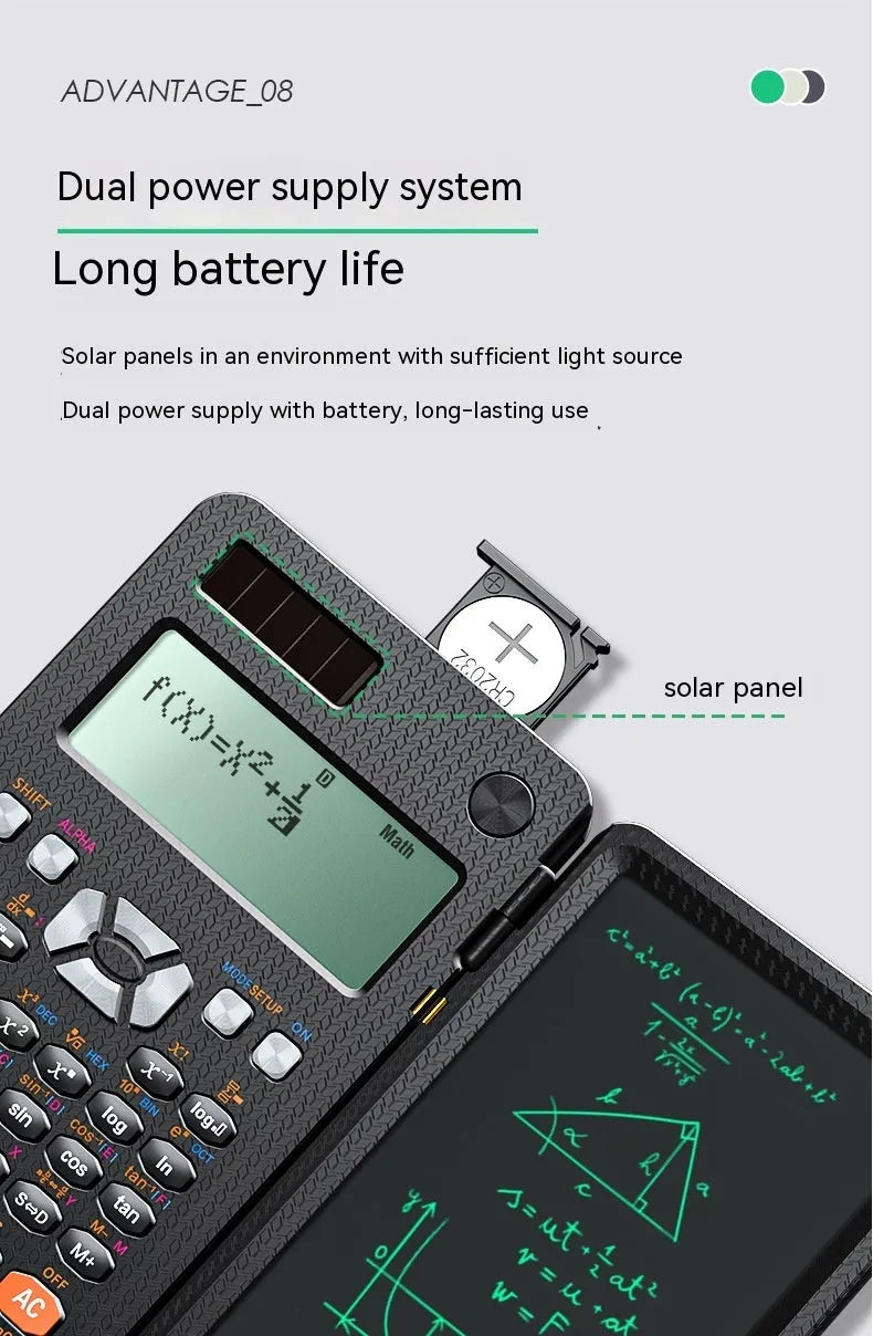 Black 2 in 1 foldable scientific calculator with handwriting LCD notepad on a desk