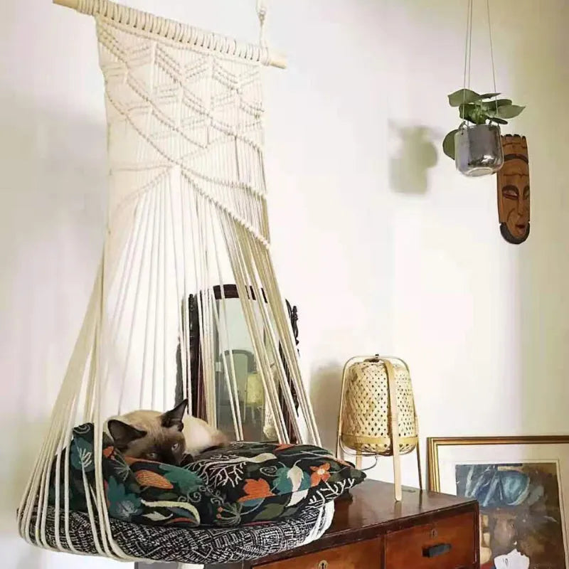 Handmade macrame cotton rope pet swing cage bed in rectangular plain European style for indoor use