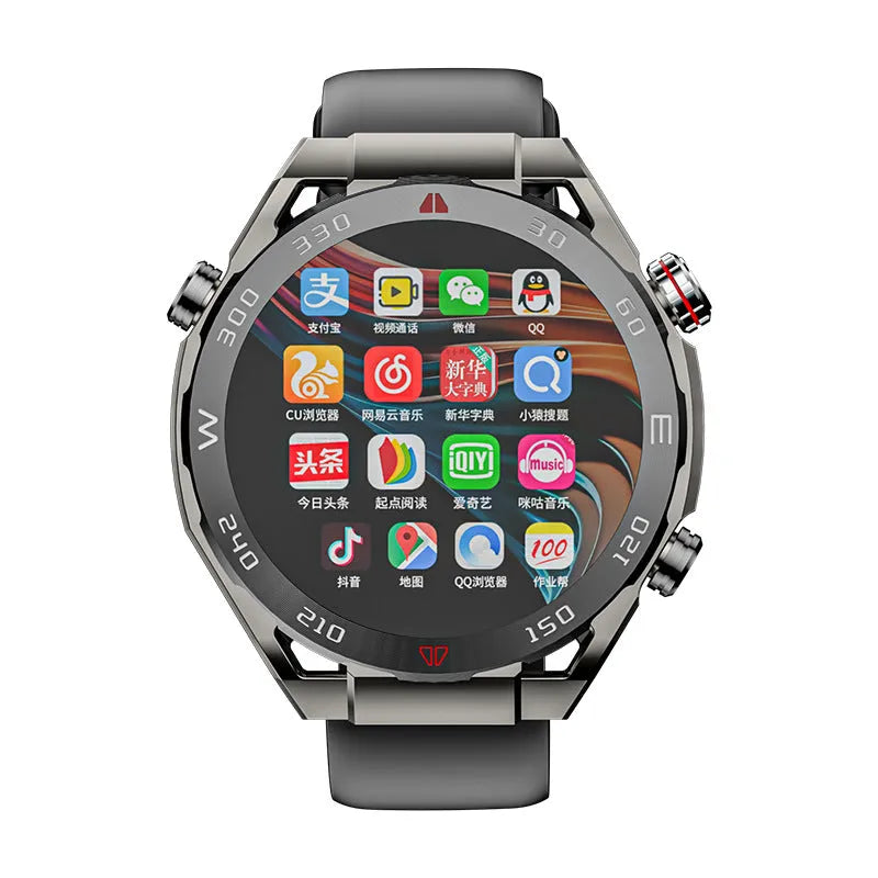 Black smart watch phone with 1.43-inch IPS screen, silicone strap, ceramic body, Android 9.0 and SIM support