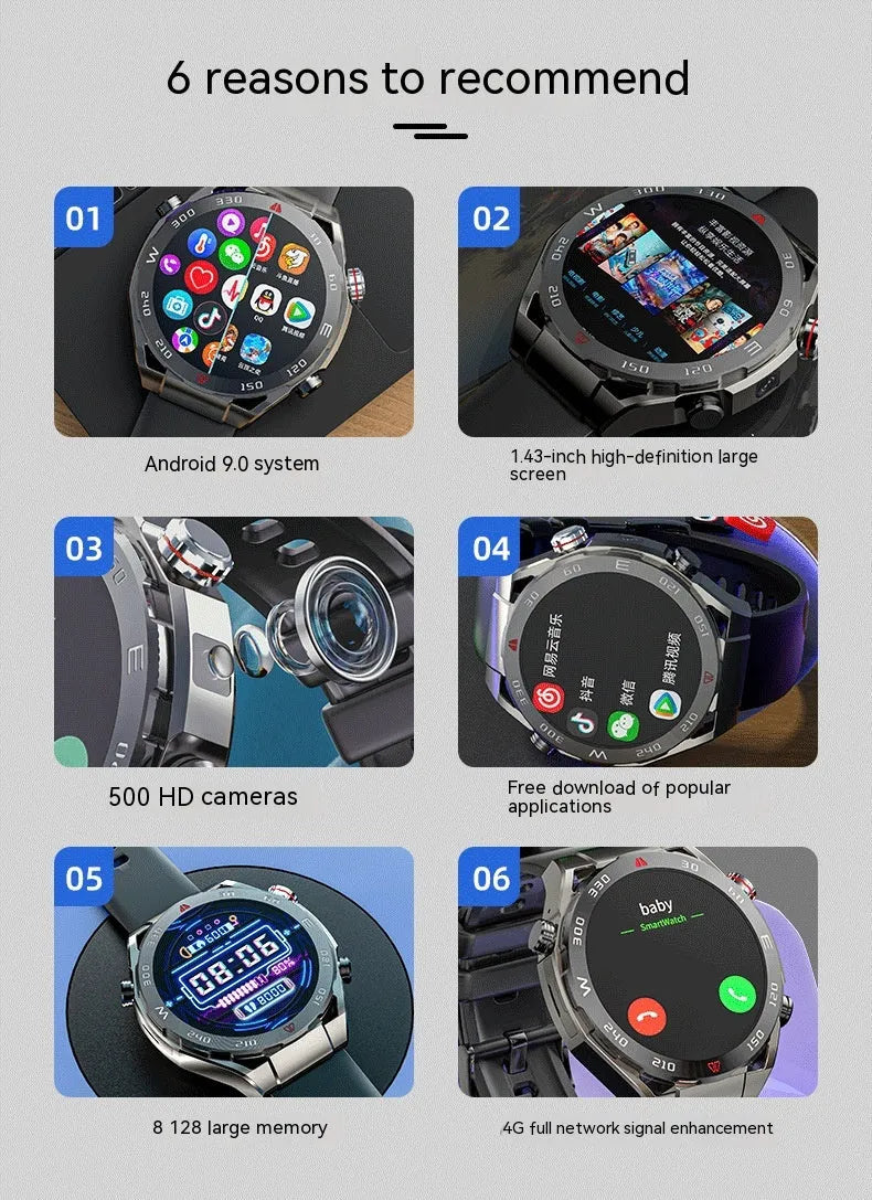 Black smart watch phone with 1.43-inch IPS screen, silicone strap, ceramic body, Android 9.0 and SIM support