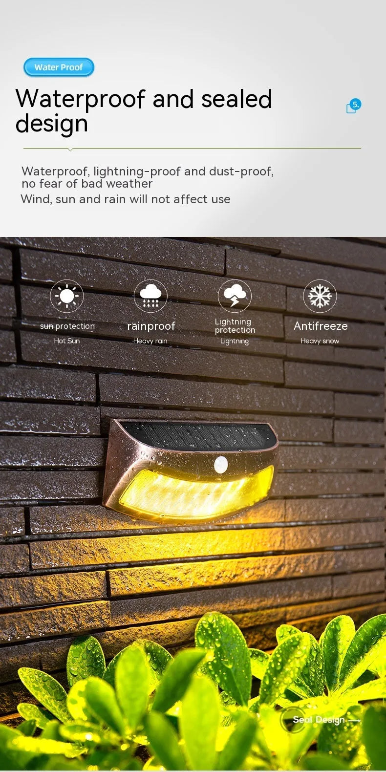 Solar-powered smiling face outdoor wall lamp with warm or white light options.