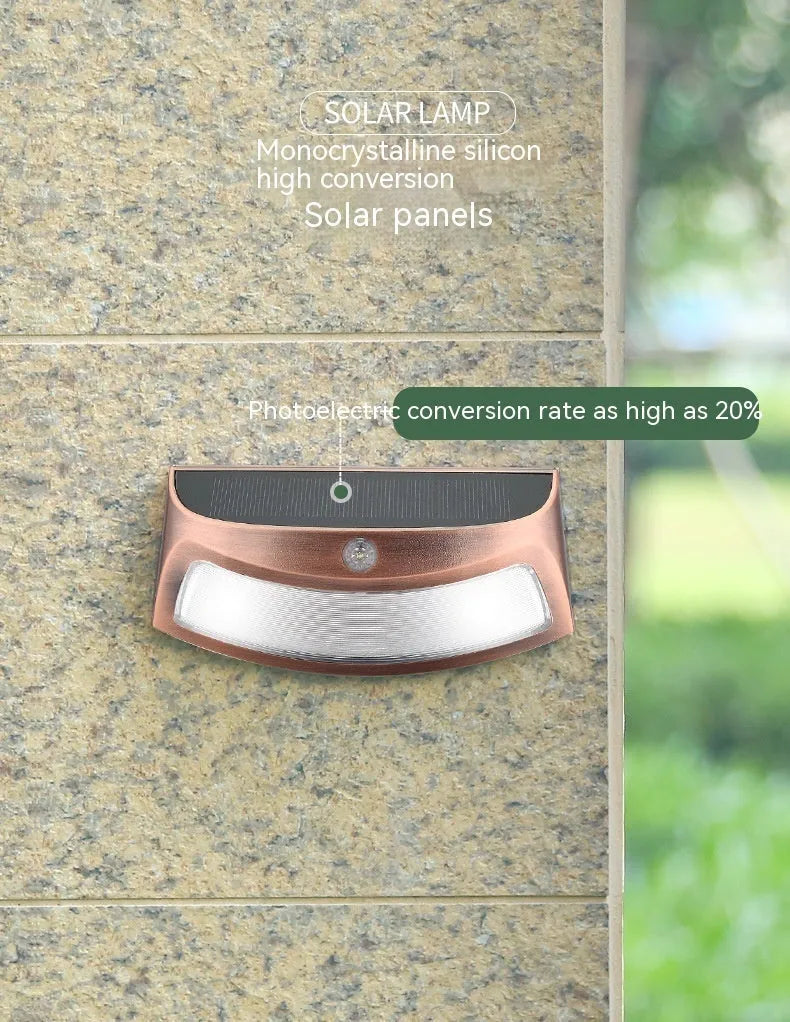 Solar-powered smiling face outdoor wall lamp with warm or white light options.
