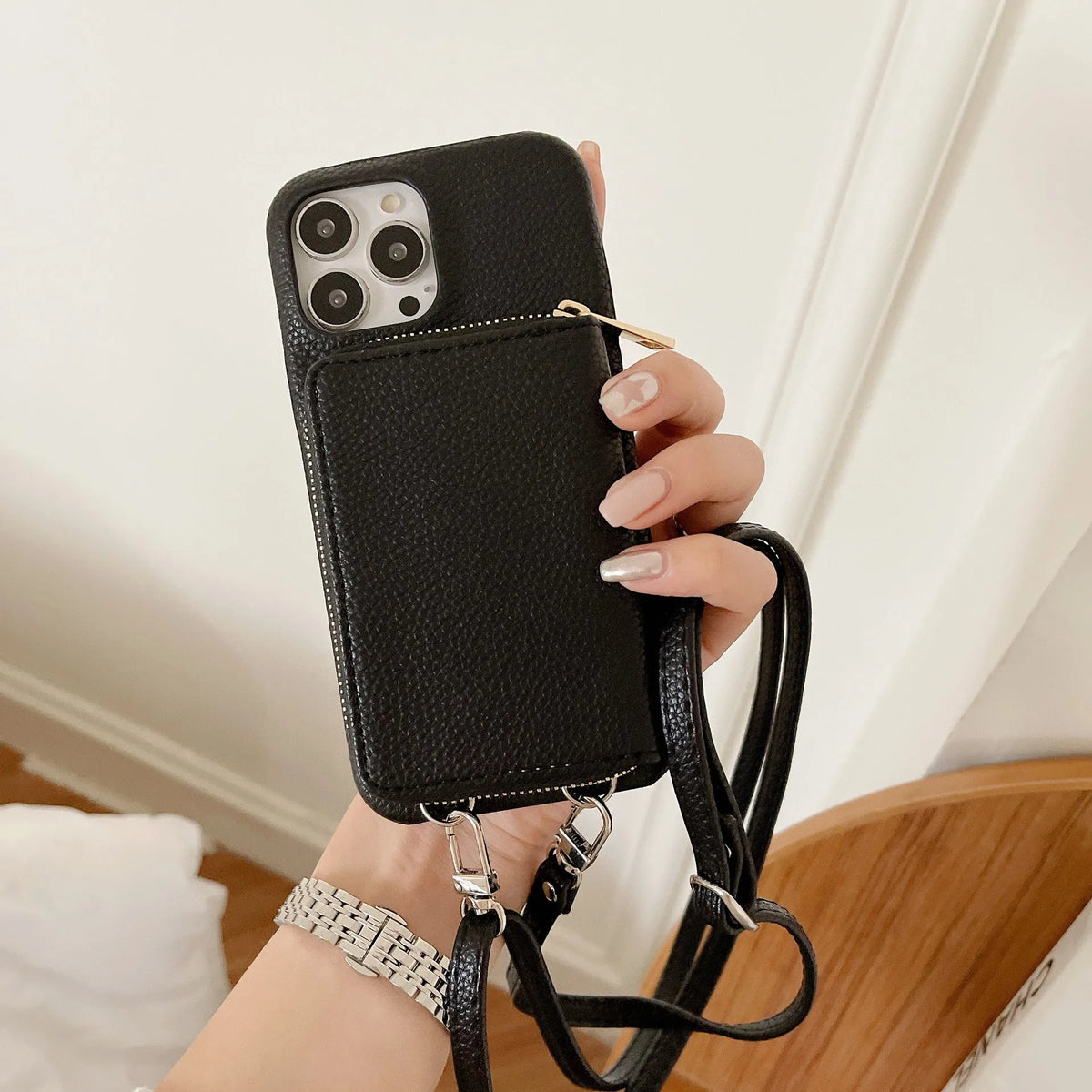 Leather phone case with lychee pattern, zipper card holder, and lanyard in black