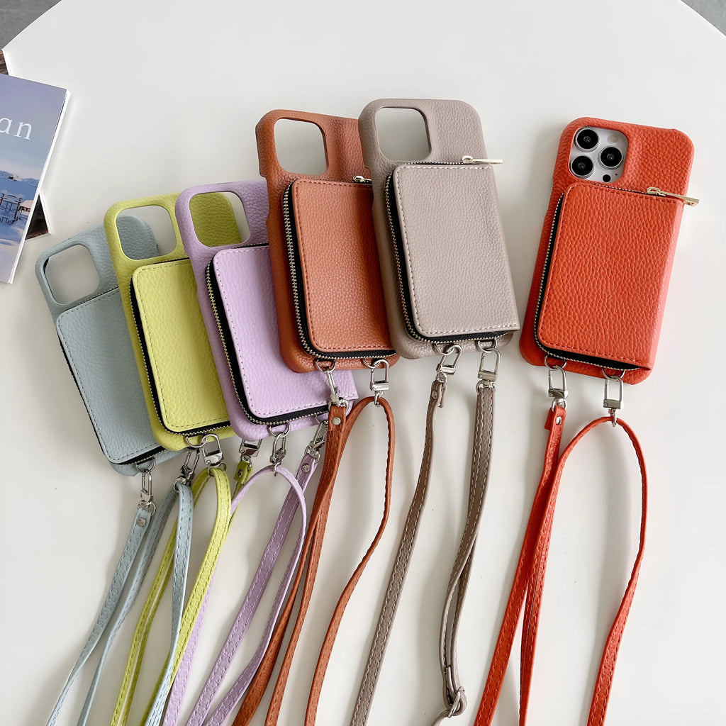 Leather phone case with lychee pattern, zipper card holder, and lanyard in black
