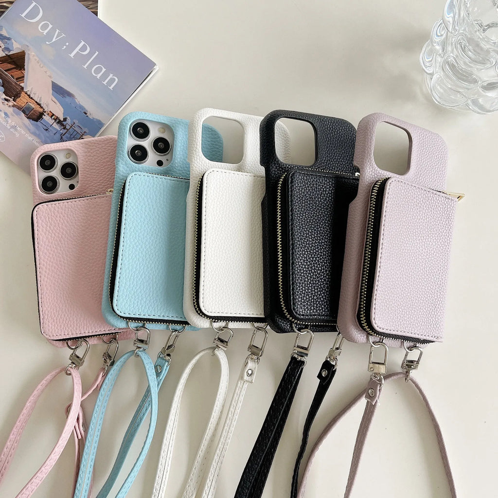 Leather phone case with lychee pattern, zipper card holder, and lanyard in black