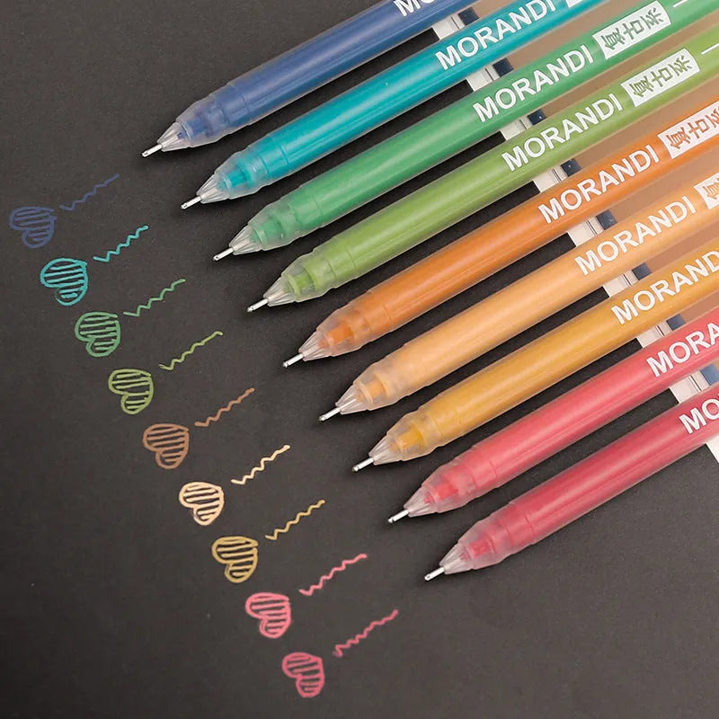 Set of nine retro-style gel pens with 0.5mm needle tips, displayed in a compact 15.2 by 8.5 cm package.