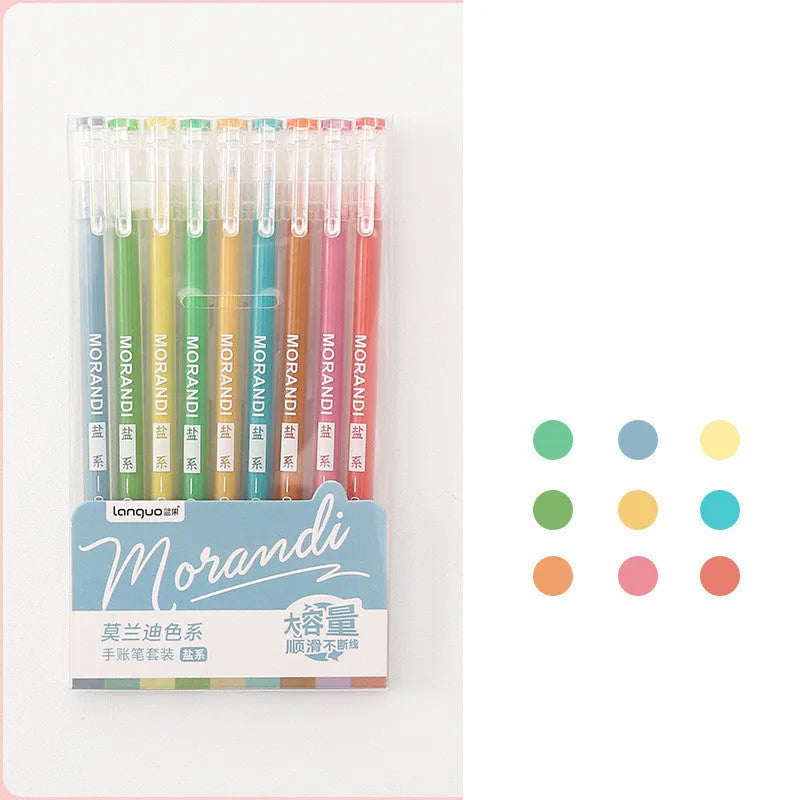 Set of nine retro-style gel pens with 0.5mm needle tips, displayed in a compact 15.2 by 8.5 cm package.