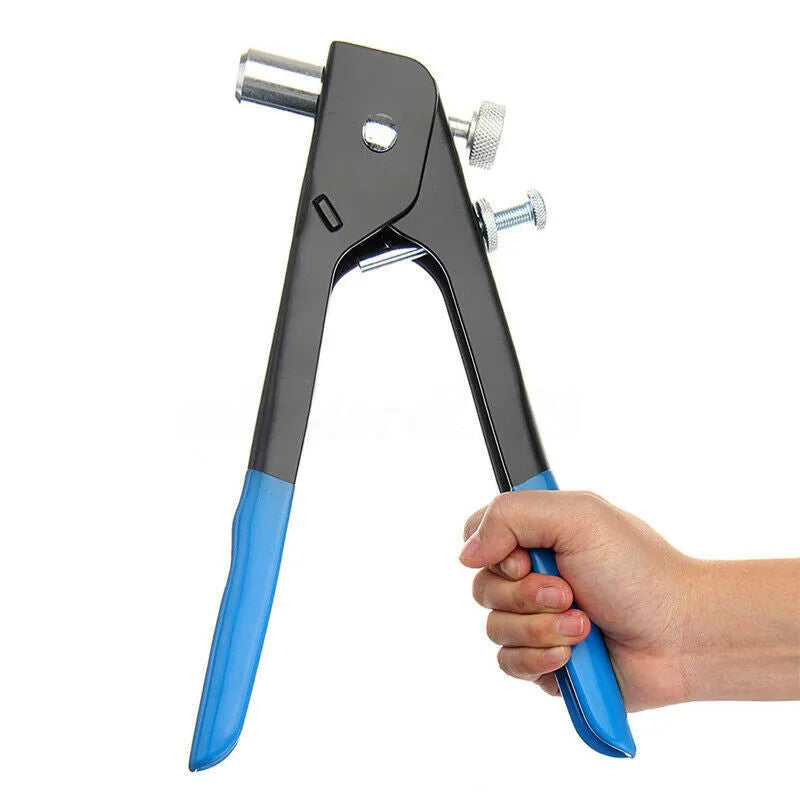 Alloy steel manual riveter nut gun set with nose pieces and mandrels on a workbench.