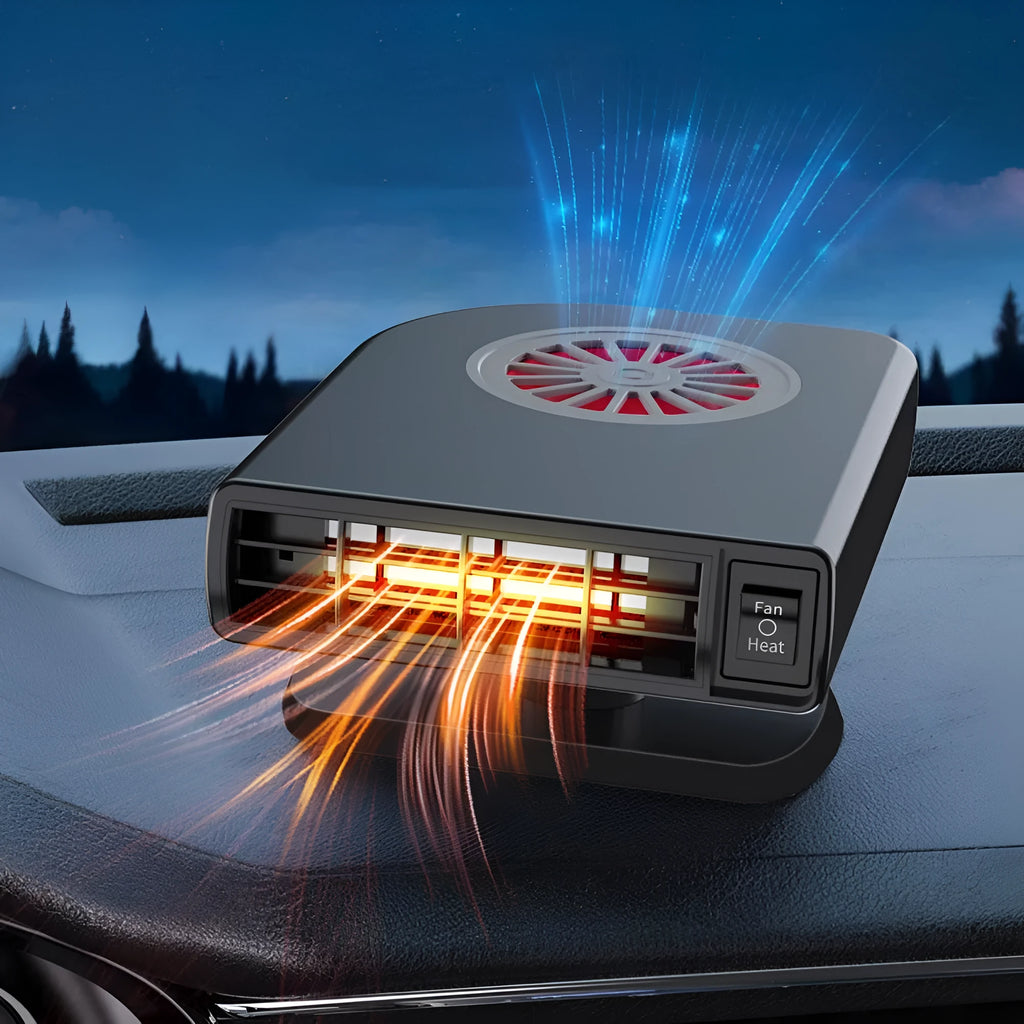 Black compact vehicle-mounted heater with adjustable vents on a car dashboard.
