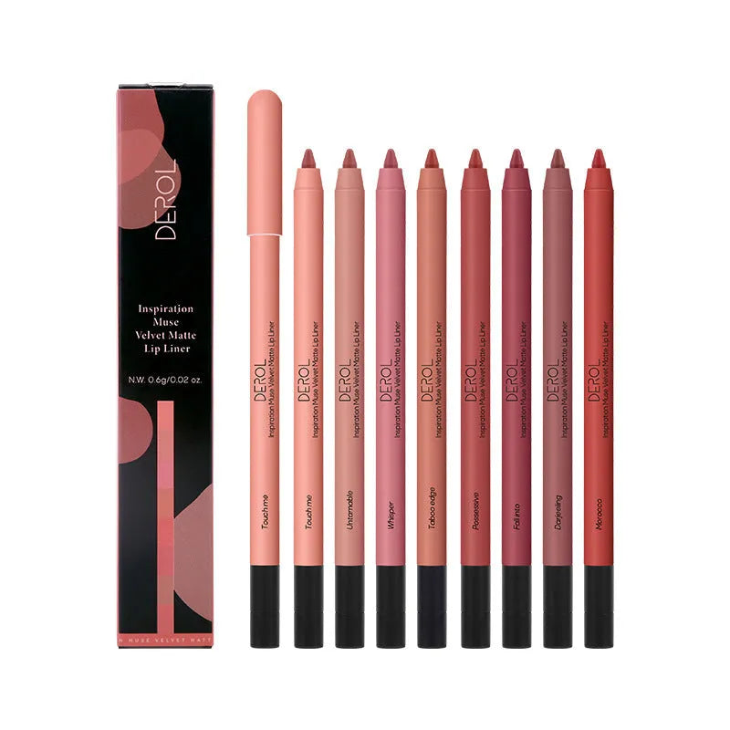 Matte lipstick and lipliner in velvet mist finish, 0.6g, 14.9cm, available in 8 shades C01-C08.