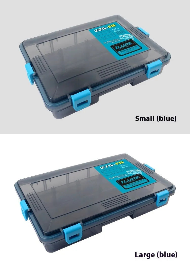 Blue waterproof PP fishing lure storage box with dimensions 275mm long by 180mm wide by 50mm deep.