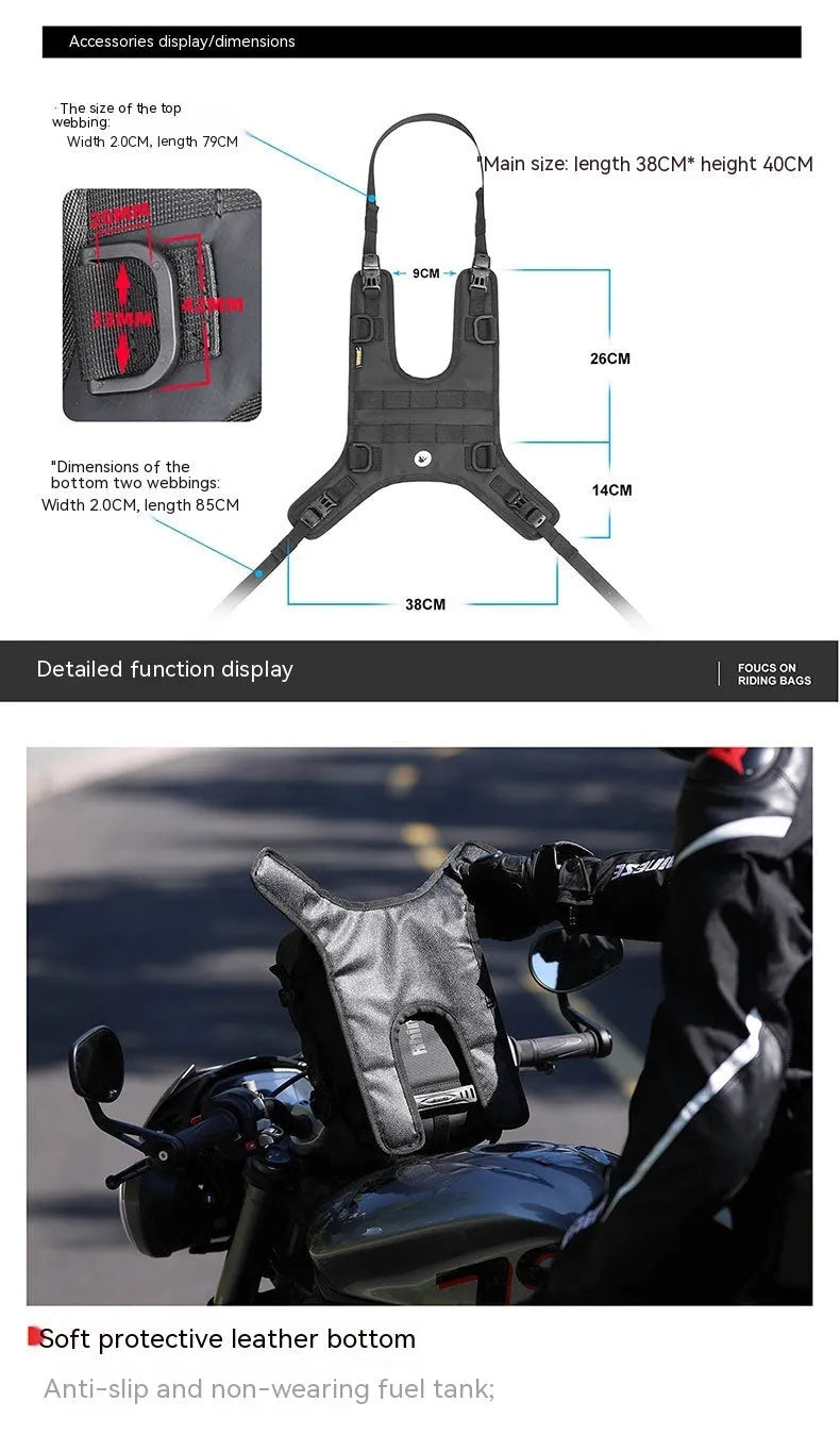 Polyester motorcycle fuel tank vest mount in MT001A colour with three black straps on a bike tank