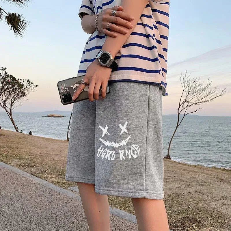 Men's loose-fit summer shorts in grey and black, straight-leg style, mid waist, polyester, sizes M to 5XL.