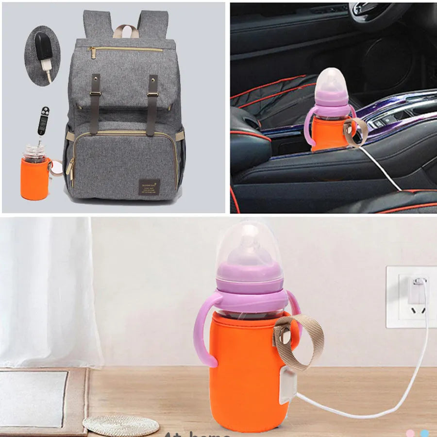 USB heated baby bottle warmer sleeve in blue, wrapped around a milk bottle showing its cotton and PC construction.