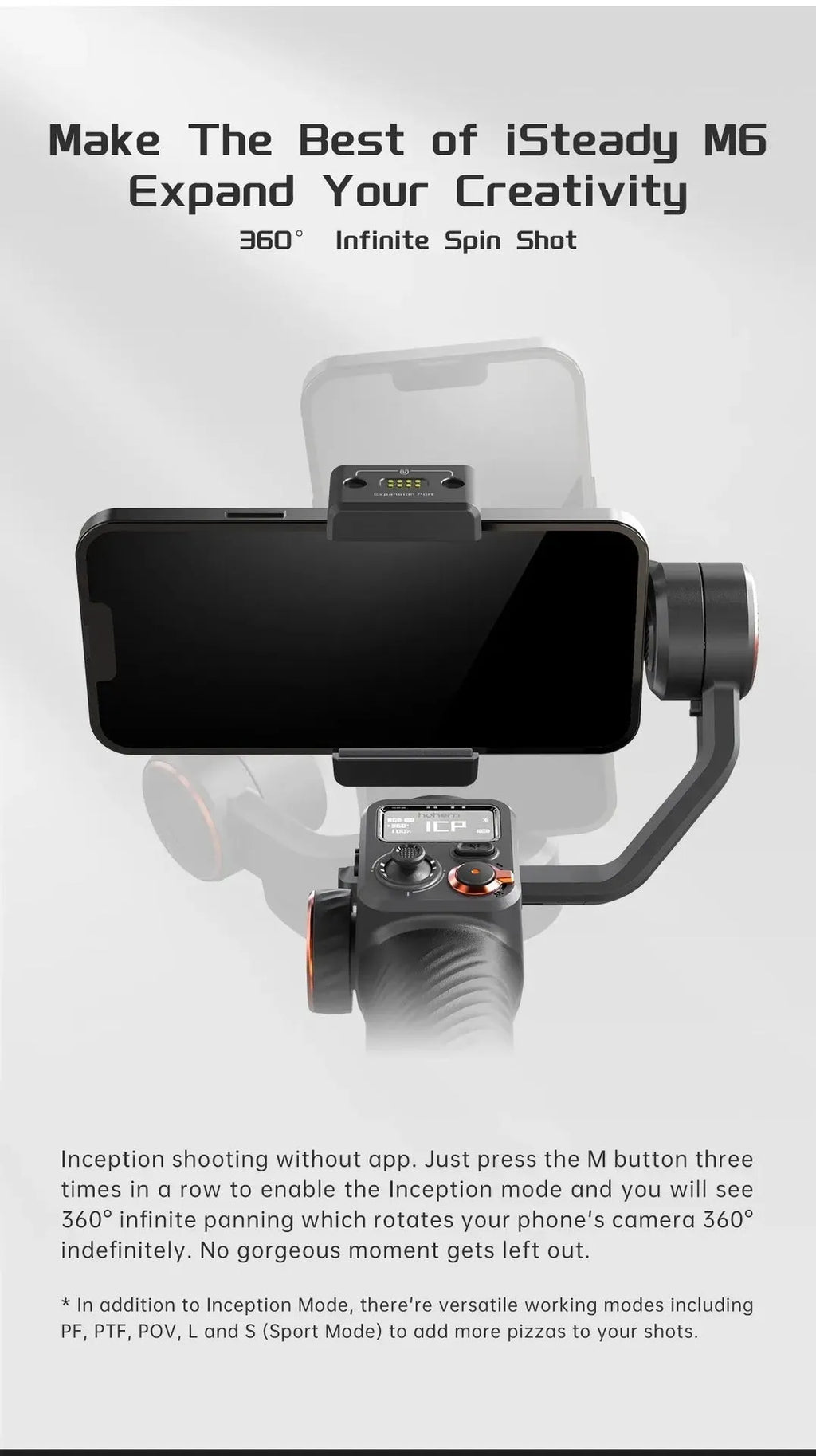 Black three-axis smartphone stabiliser with AI fill light attached, shown with tripod and accessories