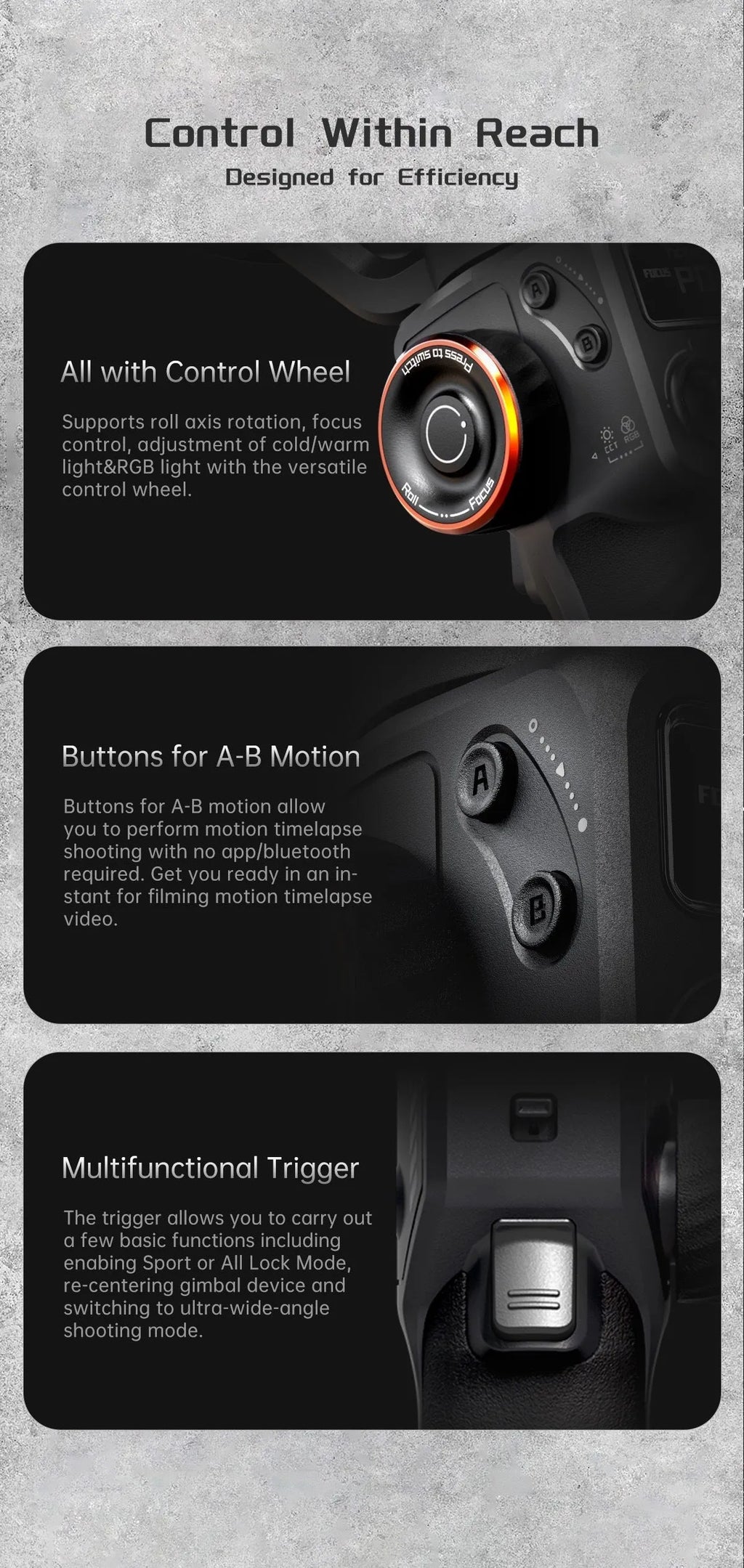 Black three-axis smartphone stabiliser with AI fill light attached, shown with tripod and accessories