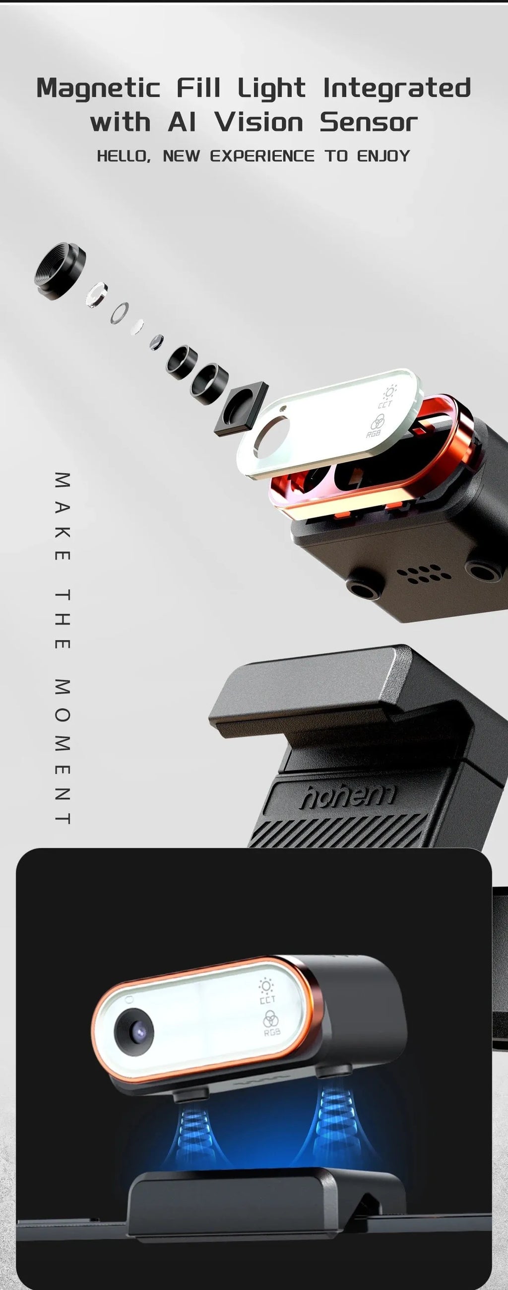 Black three-axis smartphone stabiliser with AI fill light attached, shown with tripod and accessories