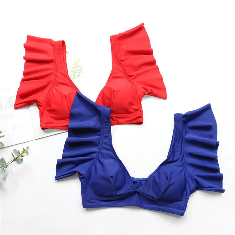 Women's polyester two-piece swimsuit in blue red and yellow colours available in sizes S to XL