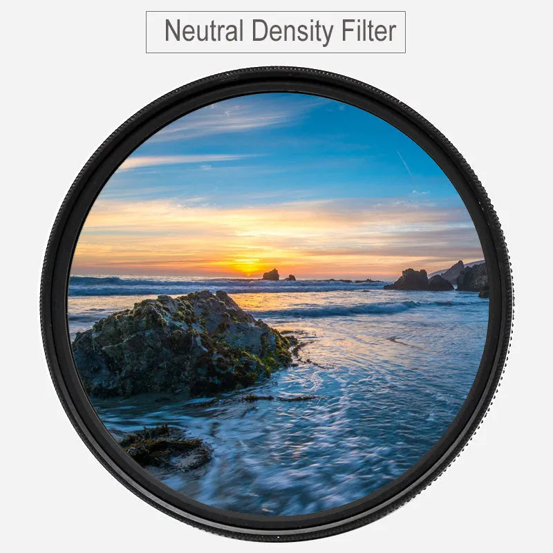 Slim aluminium ND8 camera filter showing front glass and threaded mount, with size markings visible.