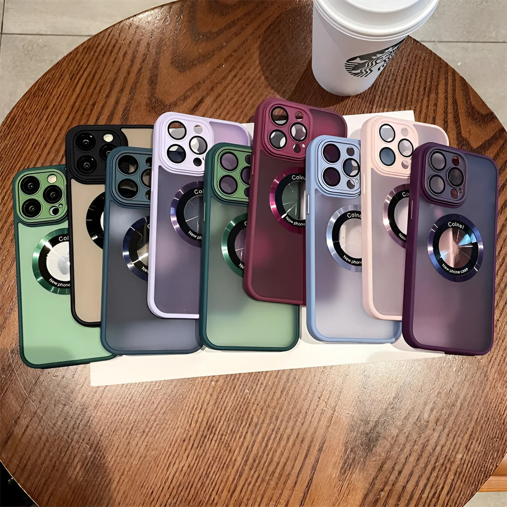 Magnetic frosted PC phone case for iPhone 15 series in dark purple with magnetic attachment